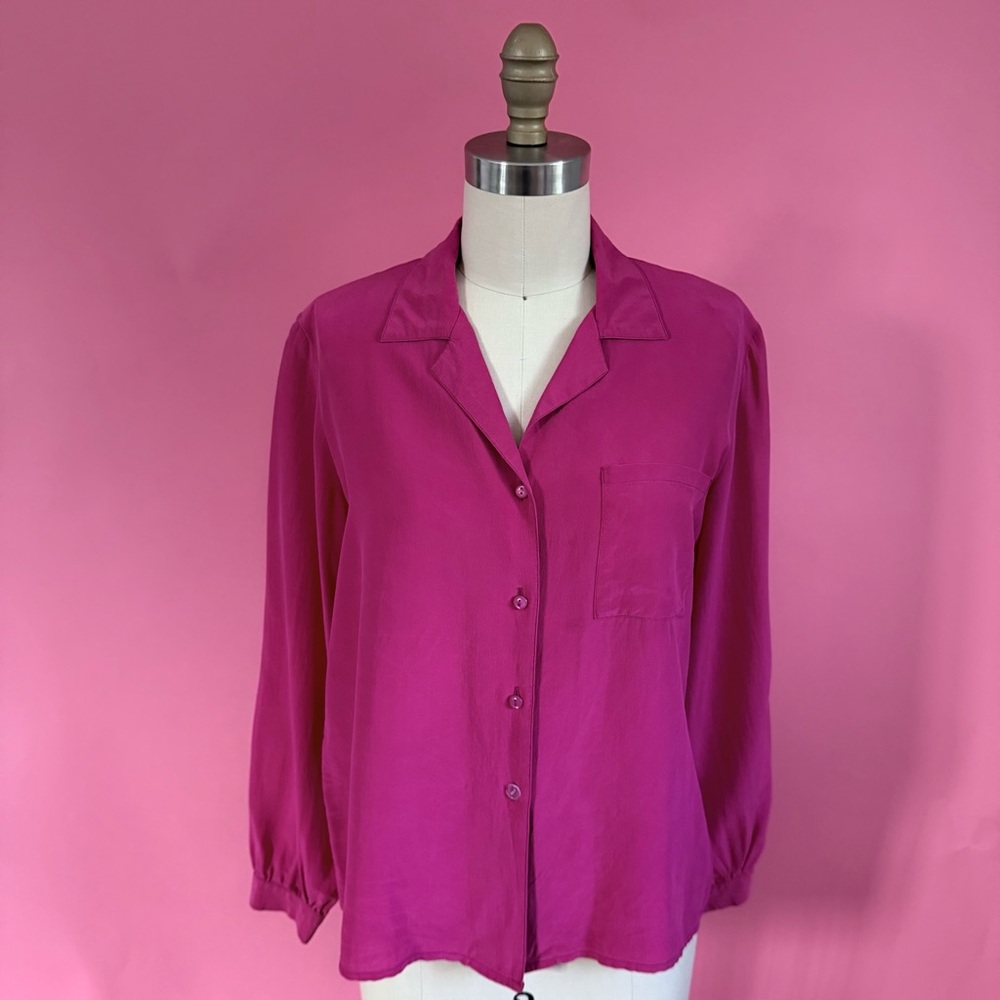 Vintage 80s/90s SILK Boxy Hot Pink Button Down Long Sleeve Shirt -Small